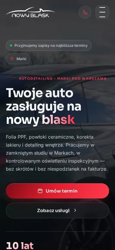 Strona Nowy Blask – strona dla studia detailingowego na telefonie