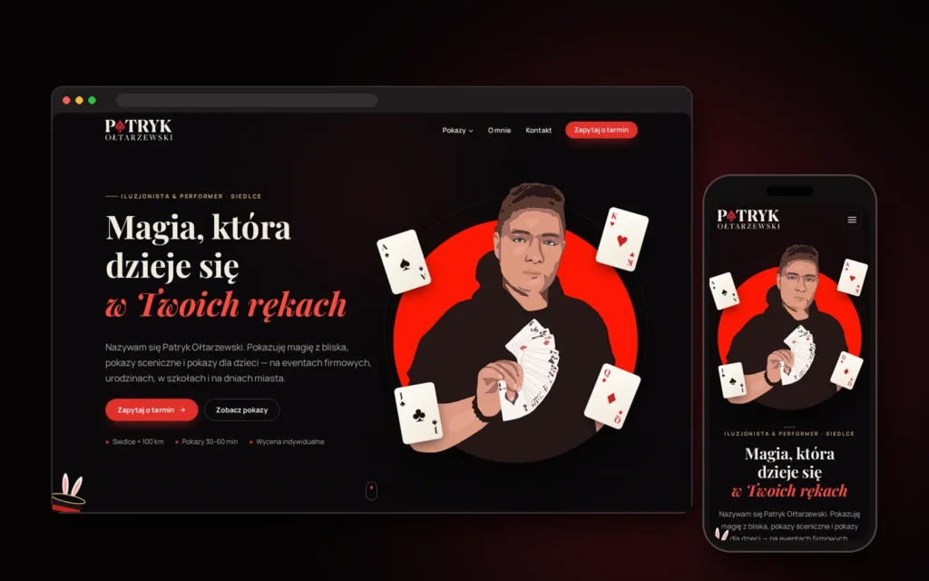 Strona iluzjonisty Patryka Ołtarzewskiego na komputerze i telefonie